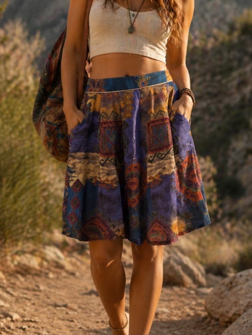 Vintage Emblem Coordinates 100% Rayon Printed Shorts Boho Tribal High Waist